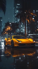 Golden sports car glowing softly in a rainy city night.