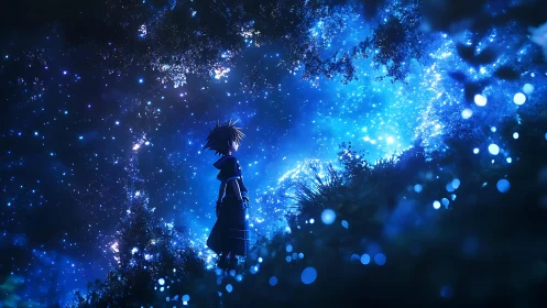 Silhouetted boy studies luminous starfield through forest arch