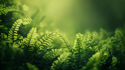Macro fern fronds in luminous green depth-of-field study.