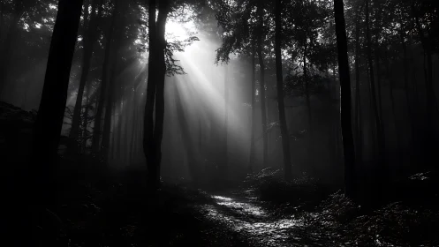 Sunlit Forest Path Through Towering Trees.