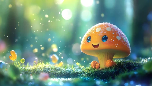 Cute smiling mushroom character in a bright forest scene.