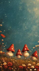 Mushroom characters stand in grassy field under starry sky