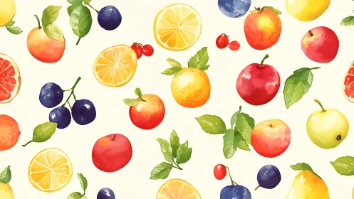 Juicy watercolor fruit dance across a sunlit creamy sky.