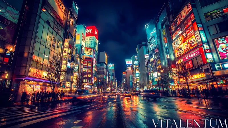 Neon illuminated urban street at night with reflective roadway.