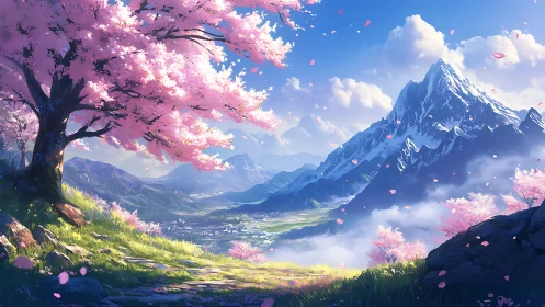 Dreamy cherry blossom valley beneath a peaceful mountain.