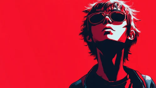 Bold anime teen in sunglasses stares into vivid red sky.