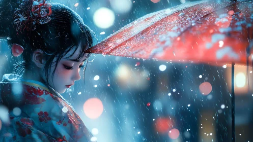 Girl in floral kimono holding umbrella in blue night rain.