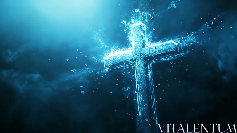 Radiant blue cross glowing softly in a deep cosmic mist.