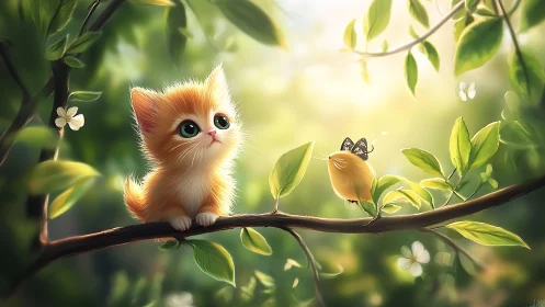 Ginger Kitten Perched on Branch with Butterfly in Lush Green Garden Setting
