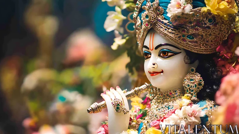 Ornate deity sculpture with jeweled flute amid floral bokeh.