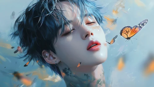 Dream-swept blue-haired youth drifting with soft monarchs.