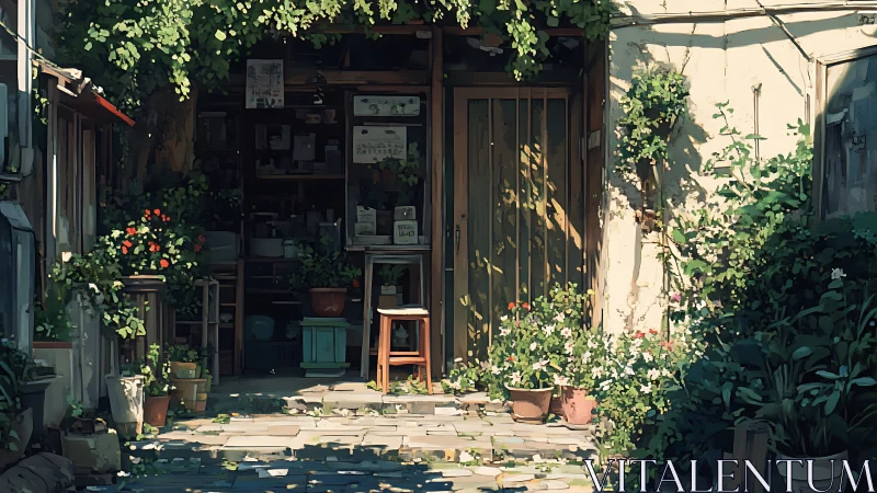 Sun-dappled alley shop cradled in overflowing garden calm.