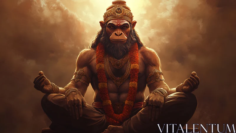 Majestic monkey deity sits in radiant, meditative calm