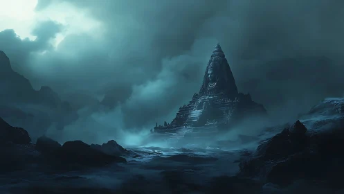 Misty mountain temple with colossal serene stone face.