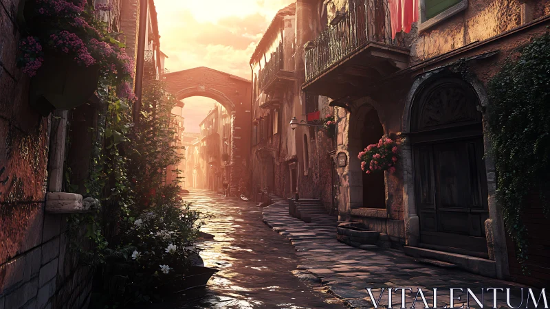 Golden evening light warms a quiet old stone street