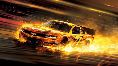 Flaming stock car 71 tears molten streaks across dusk track