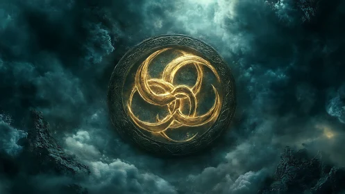 Golden triskelion emblem glows within stormy teal clouds