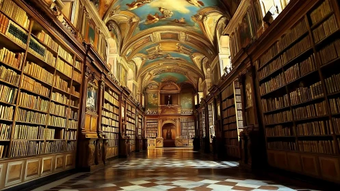 Baroque library interior showcases vaulted frescoed ceiling