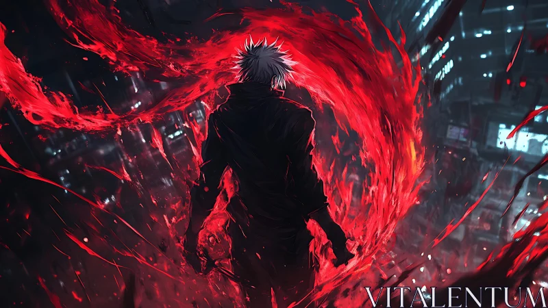 Crimson vortex crowns a lone fighter above neon ruins