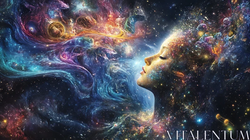 Cosmic female profile merging with swirling nebulae.
