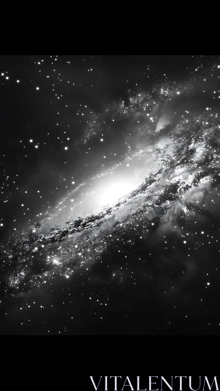 Monochrome spiral galaxy with dense stellar halo rendered precisely.