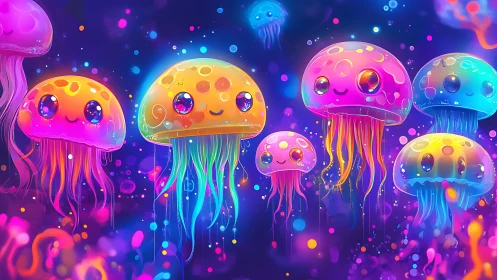 Bright neon jellyfish characters in a glowing fantasy sea.
