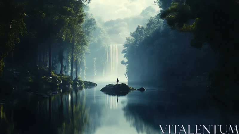 Solitary figure facing misty waterfall in deep forest canyon.