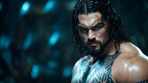 Intense warrior portrait with wet skin and tribal tattoo focus.