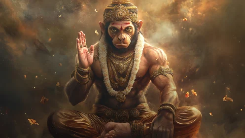 Hanuman-inspired humanoid figure sits in blessing posture
