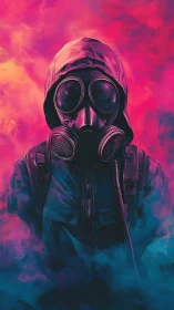 Hooded figure in respirator stands amid dense colored vapor