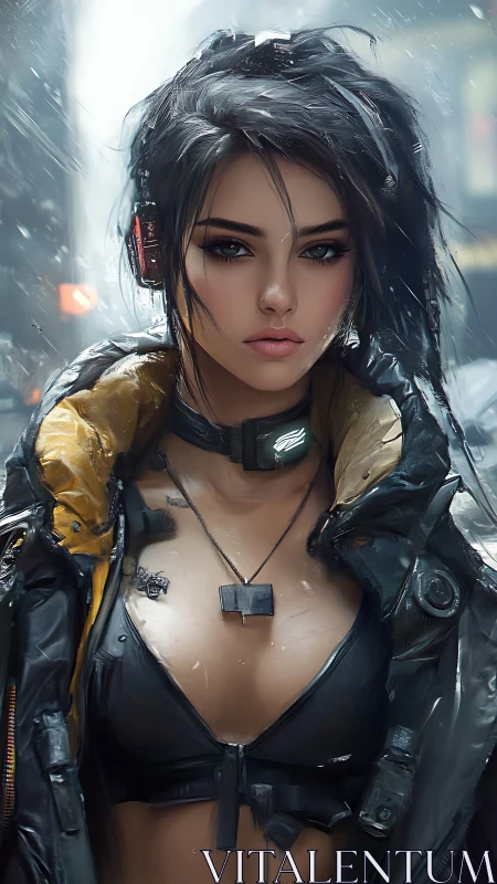 Cyberpunk sexy woman stands in rain wearing tactical jacket