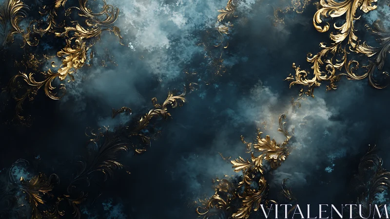 Baroque gold filigree suspended in stratified storm cloud vapor.