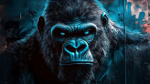 Electric blue gorilla gazing back with fierce quiet power.
