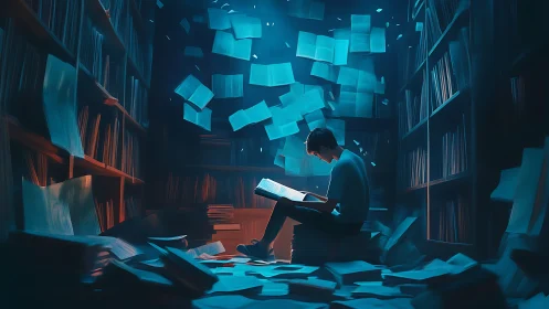 Solitary reader in dim library with suspended loose pages.