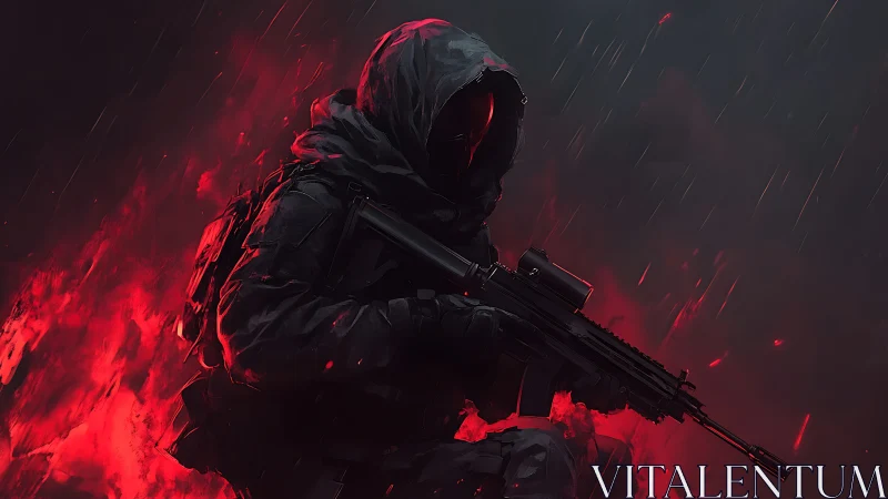 Hooded tactical operator with rifle amid red incendiary plume