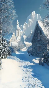 Snowbound cobblestone lane whispers toward a watchful tower