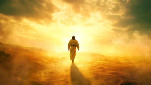 Desert horizon blazes while lone robed traveler meets light