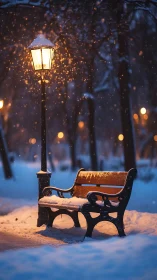 Snowlit park bench under ember-glow lamppost hushes night.