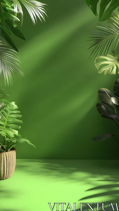 Lush tropical leaves frame a calm sunlit green corner