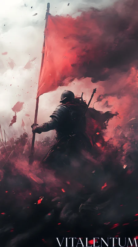 Lone war-banner bearer carving path through crimson storm.