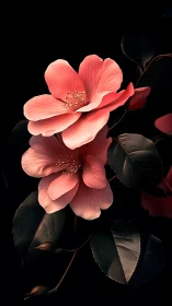 Pink Camellia Flowers Against Black Background