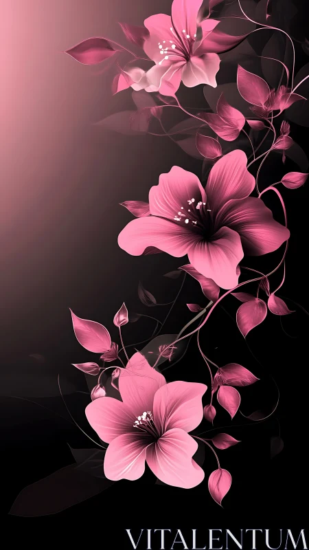 Pink Floral Vines Against Dark Gradient Background Digital Artwork