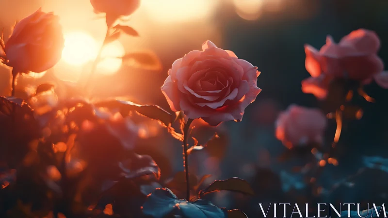 Roses Illuminated by Golden Hour Sunlight.