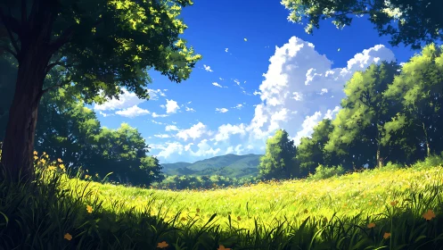 Sunlit meadow slopes toward distant green hills under clouds