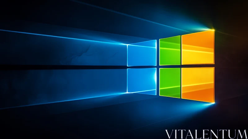 Backlit window logo rendered with volumetric blue light beams