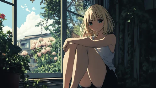 Sunlit blonde girl by window in contemplative summer stillness.