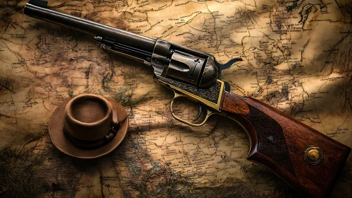 Engraved revolver and hat arranged on antique explorer map
