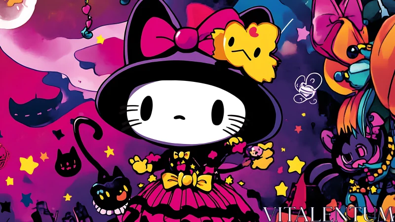 Hello Kitty witch in neon kawaii Halloween fantasy scene.