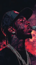 Soulful rapper lost in music under glowing red smoke.
