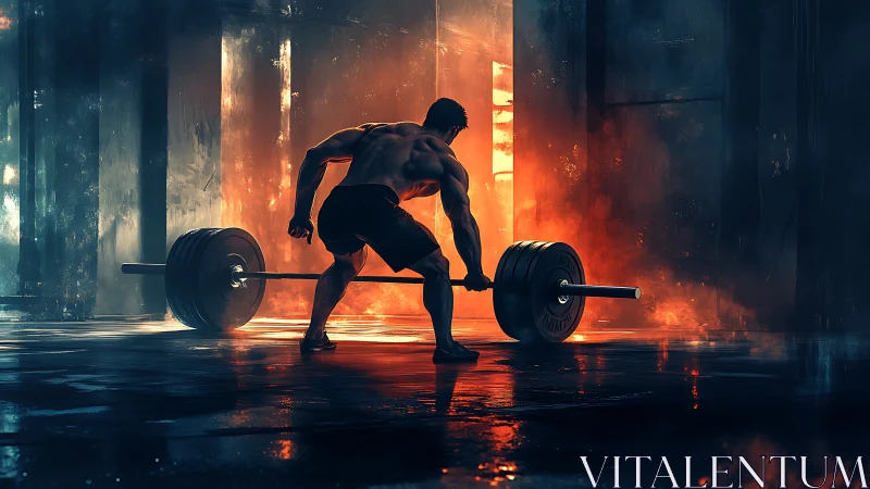 Backlit powerlifter grips loaded barbell in high contrast gym scene